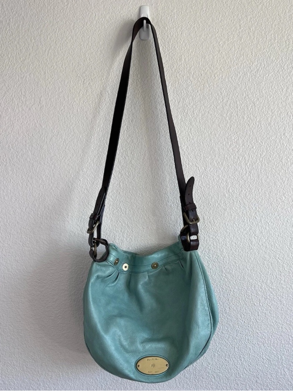 Mulberry Aqua Leather Shoulder Bag with Dark Brown Strap